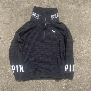 PINK‎ Victoria Secret Gray Mock Neck 1/4 Zip Spellout Sweater Womans Size Small